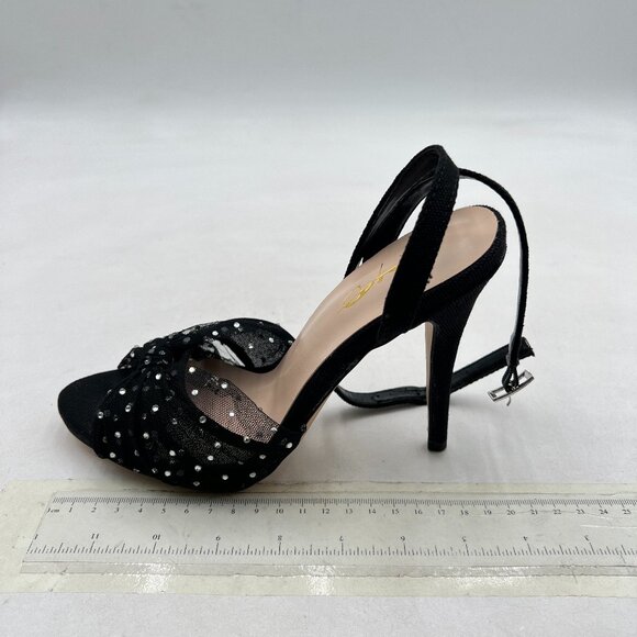 XYD Black Stiletto High Heel Ankle Strap Crystal Studs Sheer Mesh Knotted Sandal - Picture 2 of 8